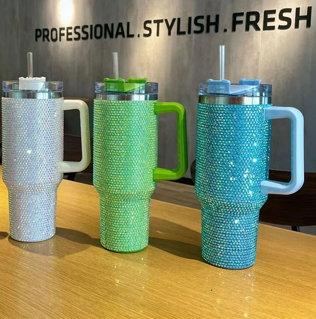 40oz Glitter Blank Sublimation Shimmer Rhinestones Studded Tumbler Insulated Mug With Handle For Hot Print Stainless Steel Cup